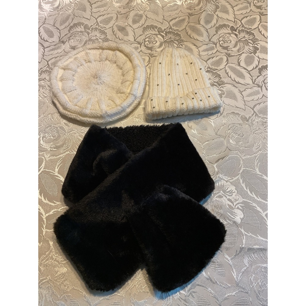 Unbranded Winter Accessory Set Womens OS Black Cream Excellent Faux Fur Knit